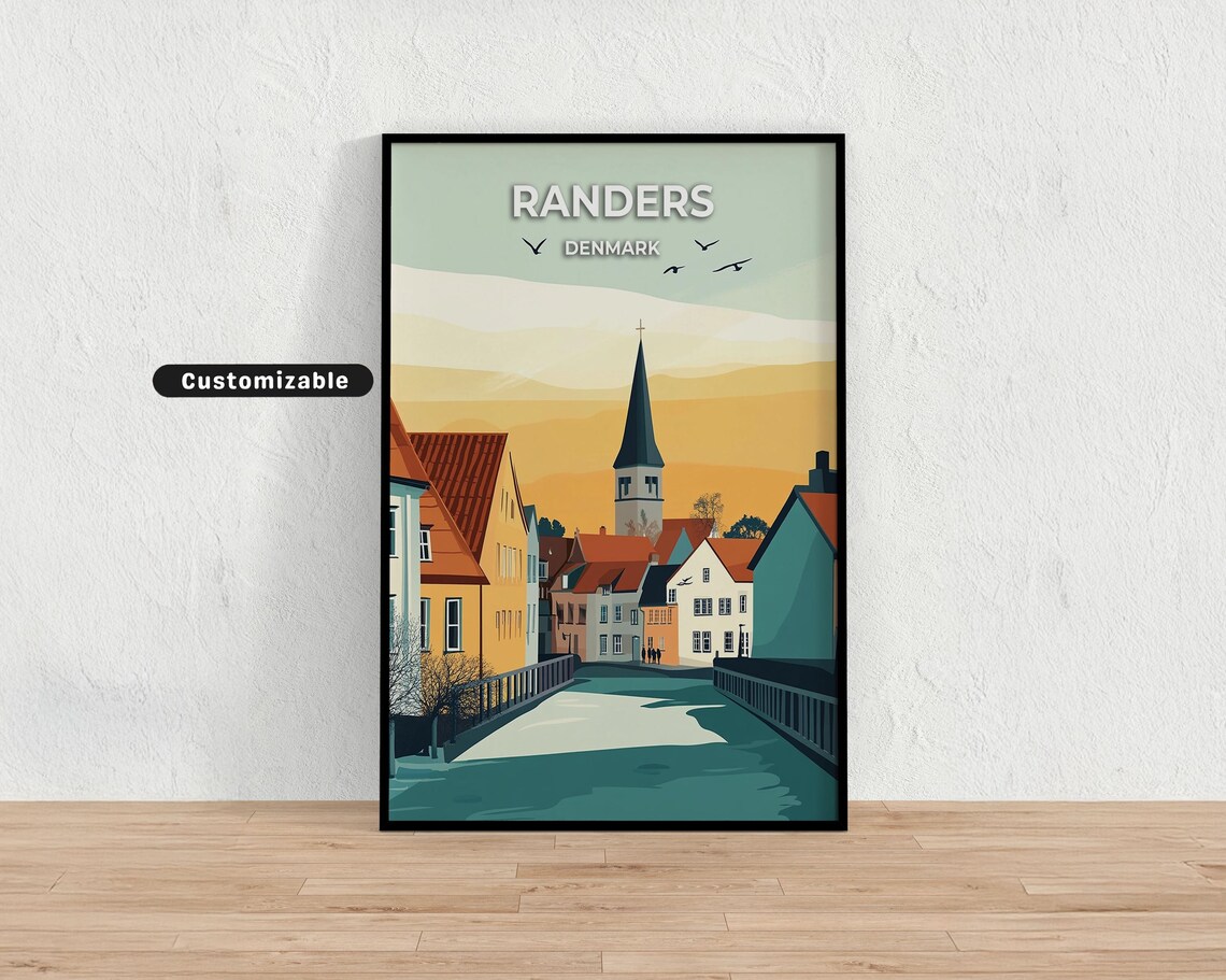 Randers Denmark Old Town Church Tower Sunset Street Travel Poster
