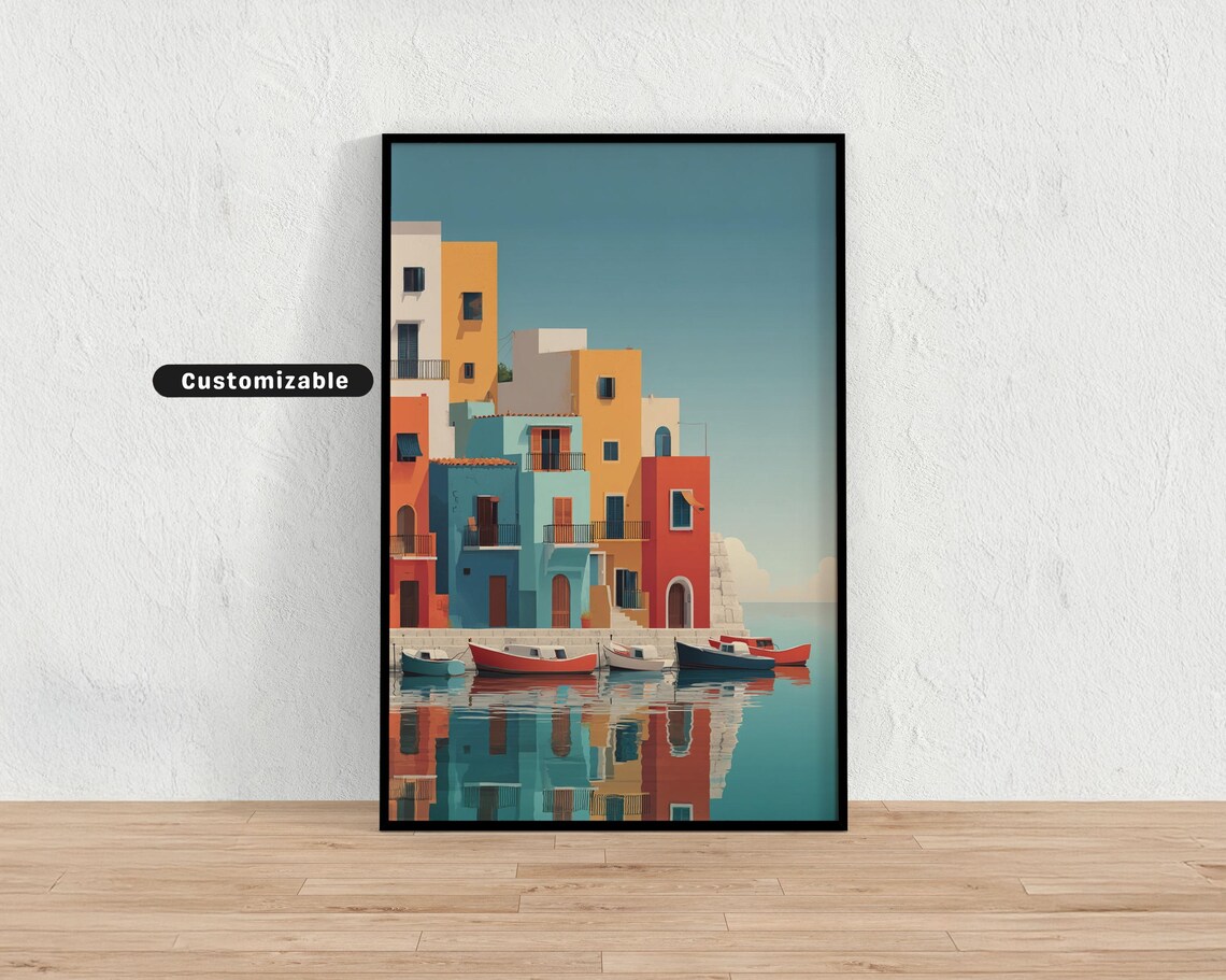 Vibrant Coastal Town Colorful Buildings Boats Harbor Art Poster