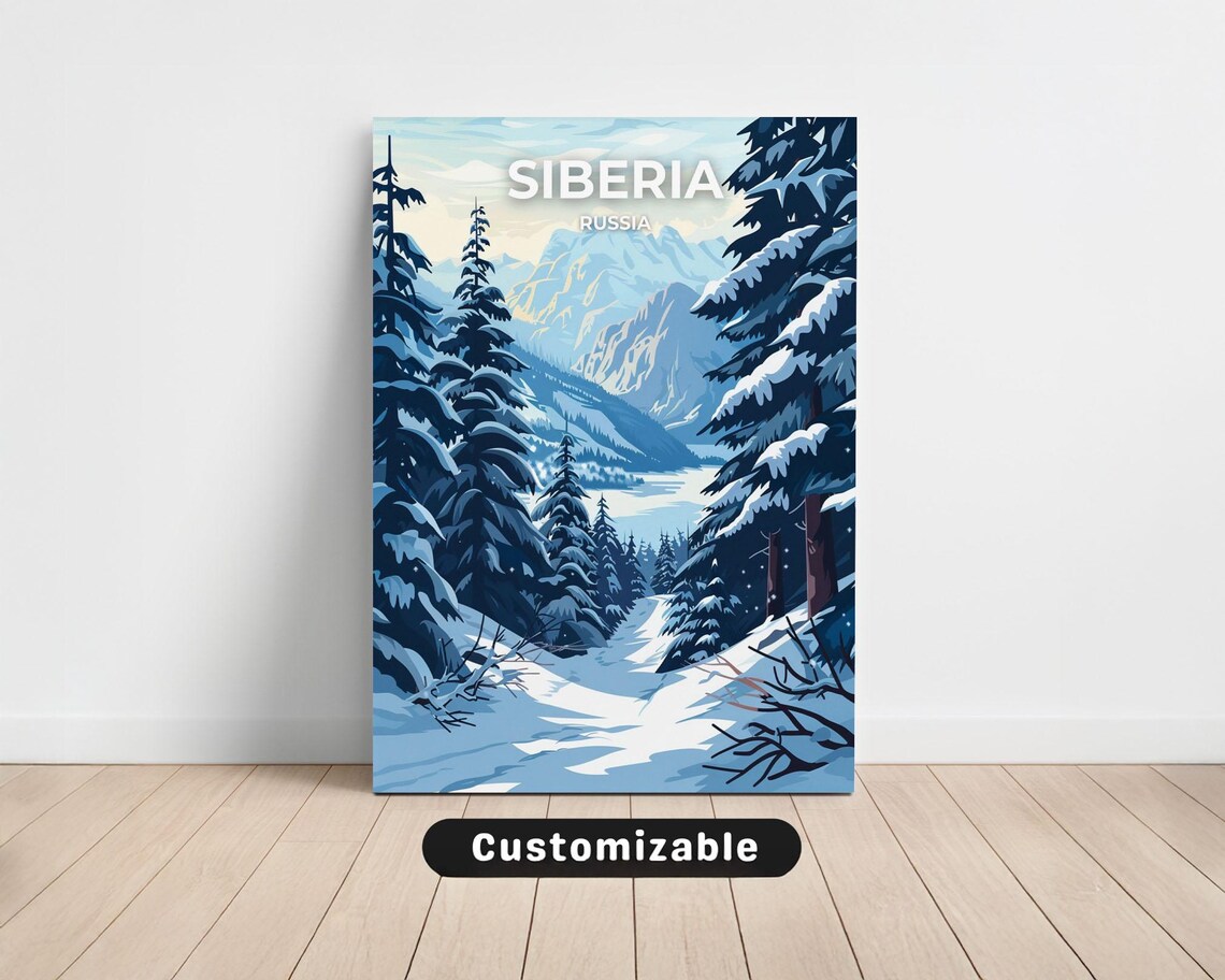Siberia Russia Travel Poster Snowy Pine Forest Winter Mountain Art