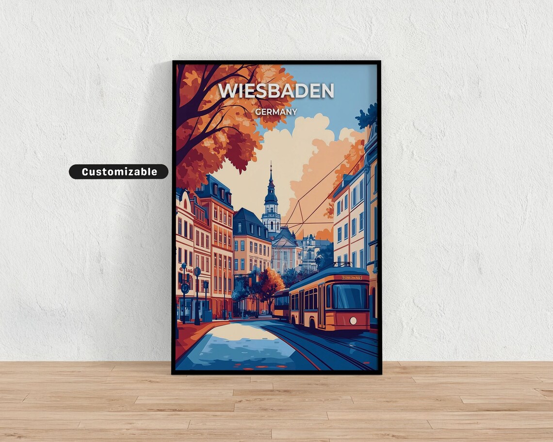 Wiesbaden Germany Tram Street Autumn City Vintage Travel Poster