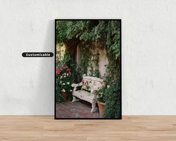 Garden Bench With Floral Surround Peaceful Botanical Wall Print Outdoor Nature Decor