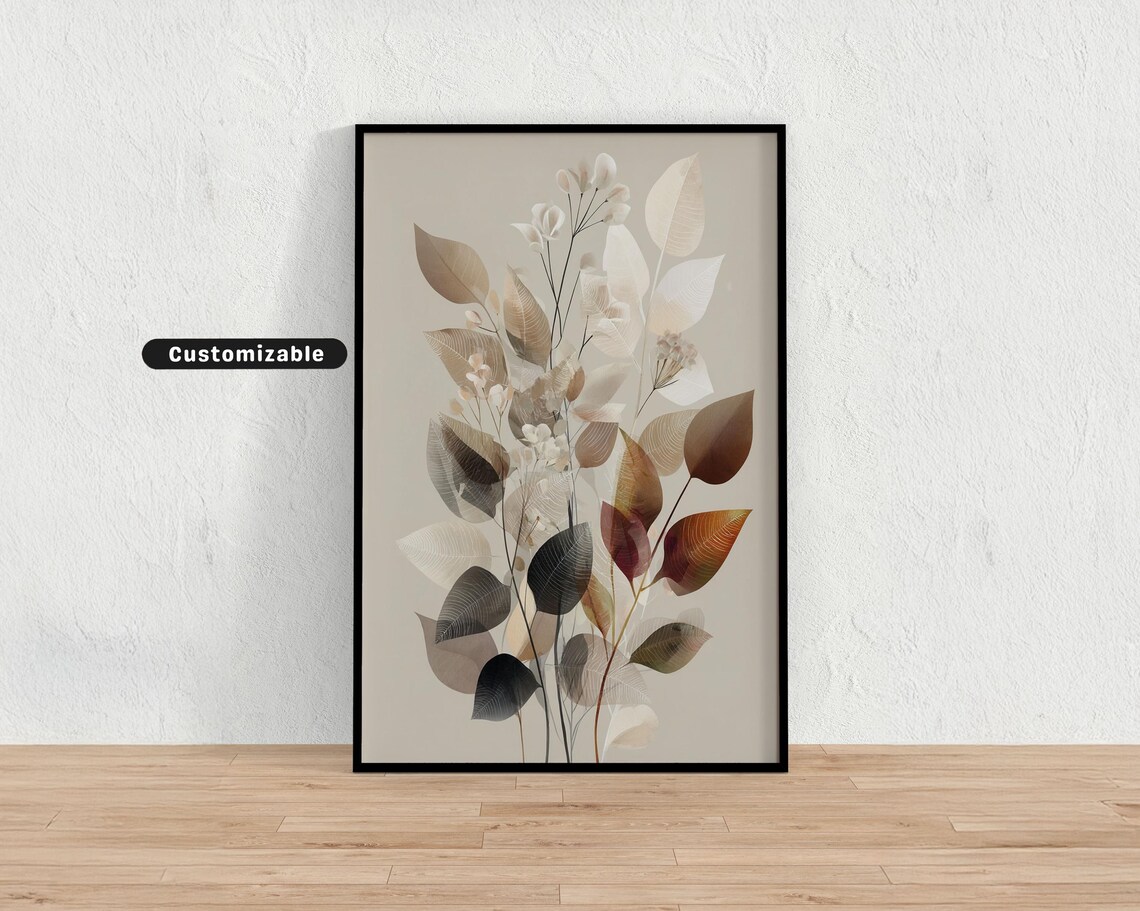 Beige Neutral Botanical Leaves Minimalist Japandi Decor Print