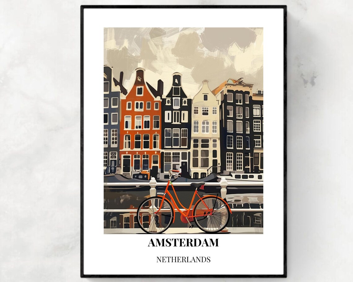 Amsterdam Netherlands Canal Houses Bicycle Retro Travel Poster