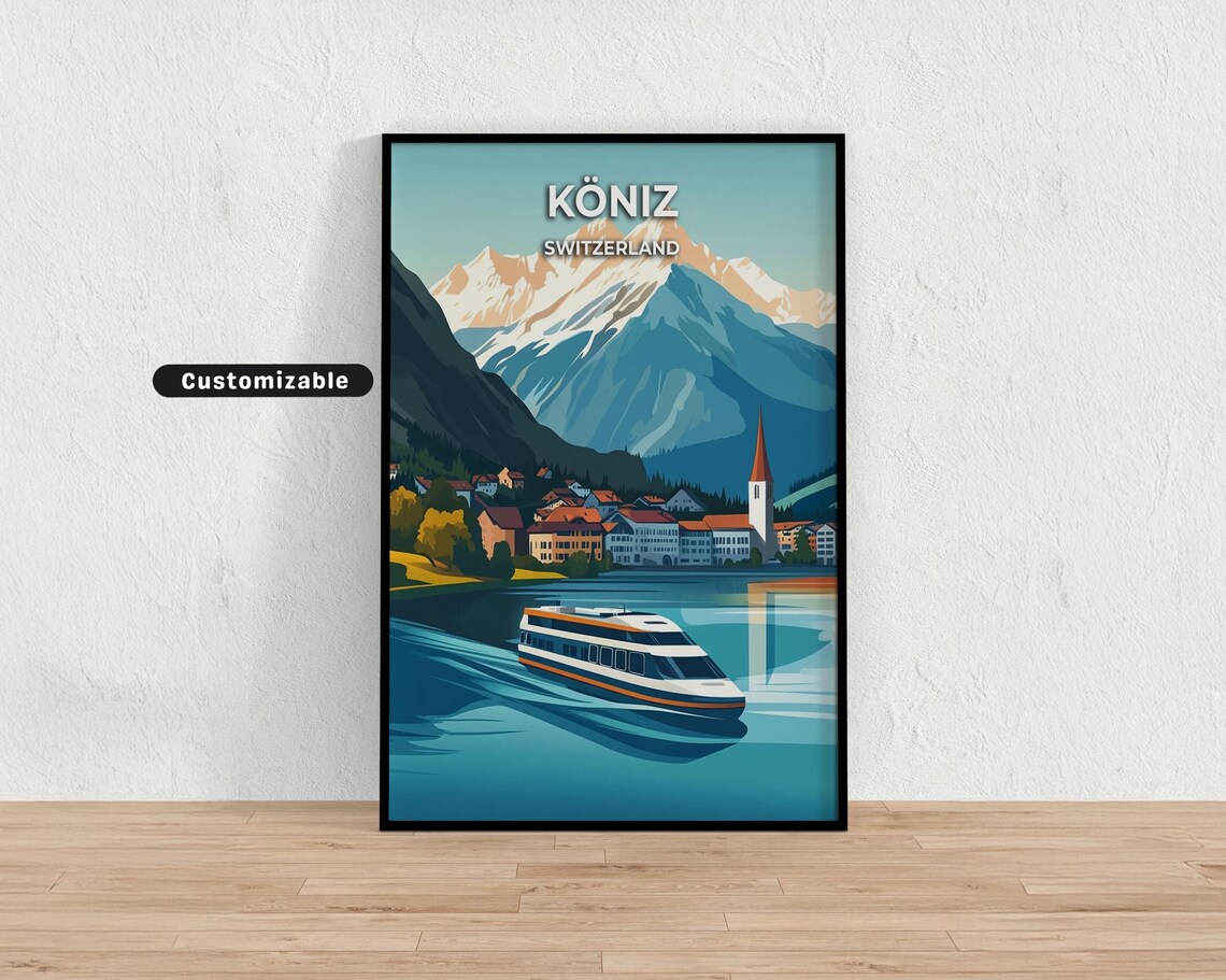 Köniz Switzerland Mountain Lake Ferry Bold Geometric Travel Poster