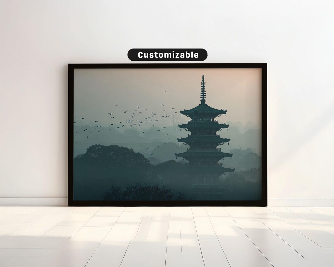 Japanese Pagoda Layered In Fog With Flying Birds Zen Art Poster