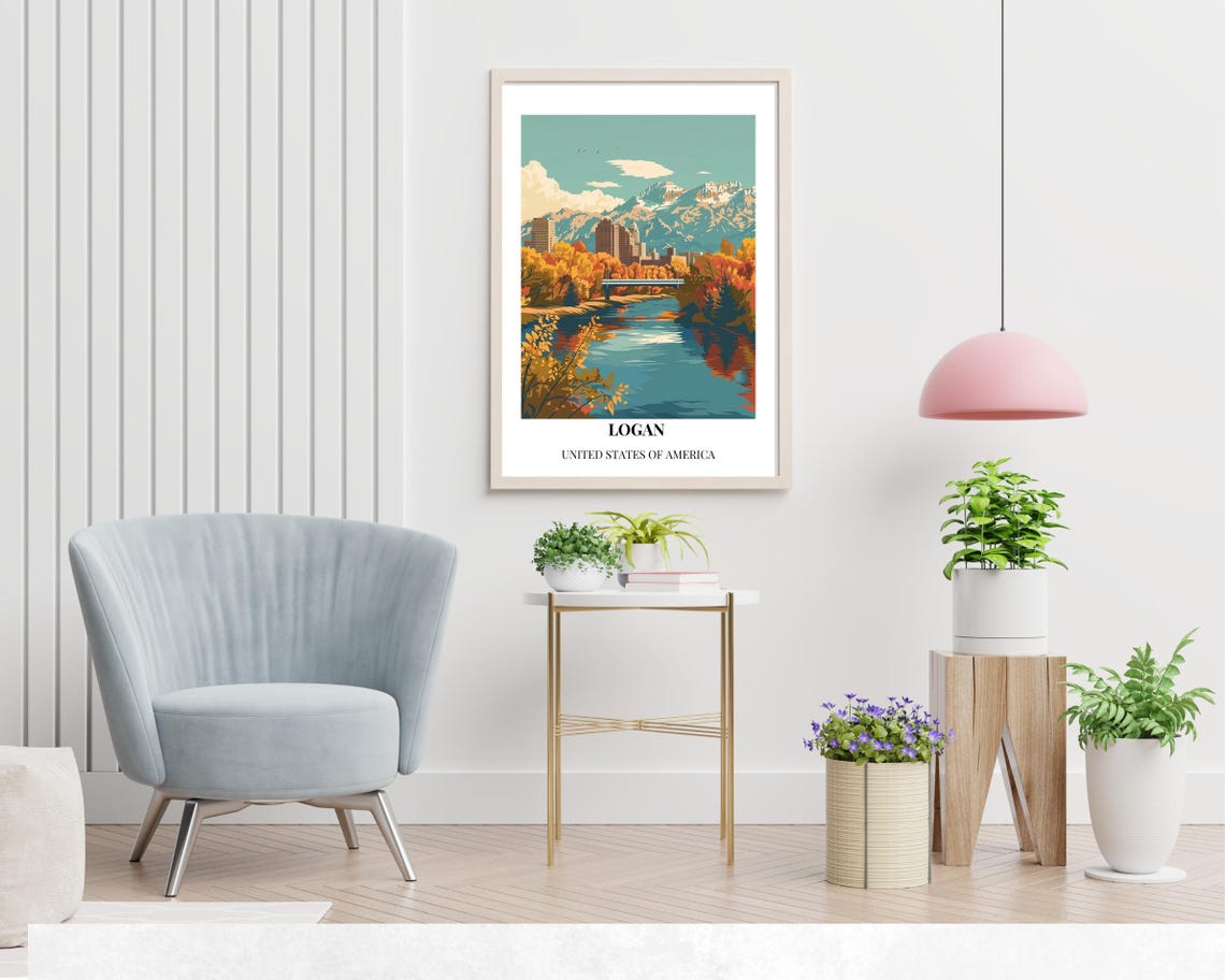 Logan Utah Autumn River Bridge Mountain Skyline Travel Poster - Image 2