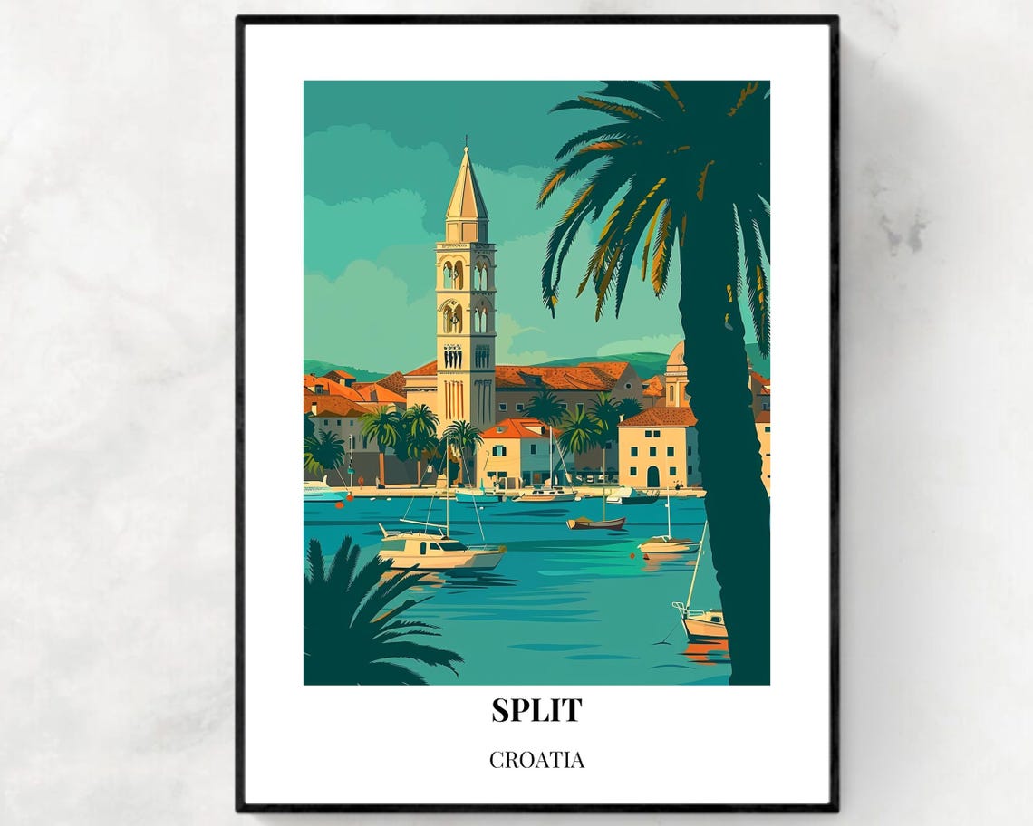 Split Croatia Harbor Sailboats Under the Cathedral Bell Tower Poster