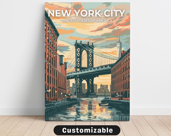 New York City Manhattan Bridge Sunset Retro Skyline Travel Poster