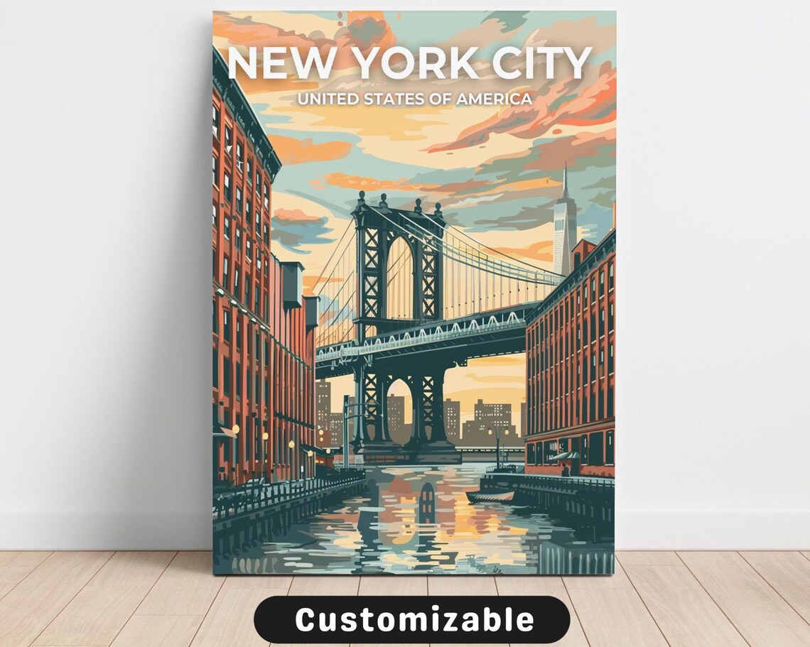 New York City Manhattan Bridge Sunset Retro Skyline Travel Poster