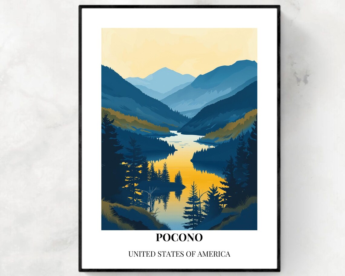 Pocono Mountains Golden Sunset Lake Pines Serene Travel Poster