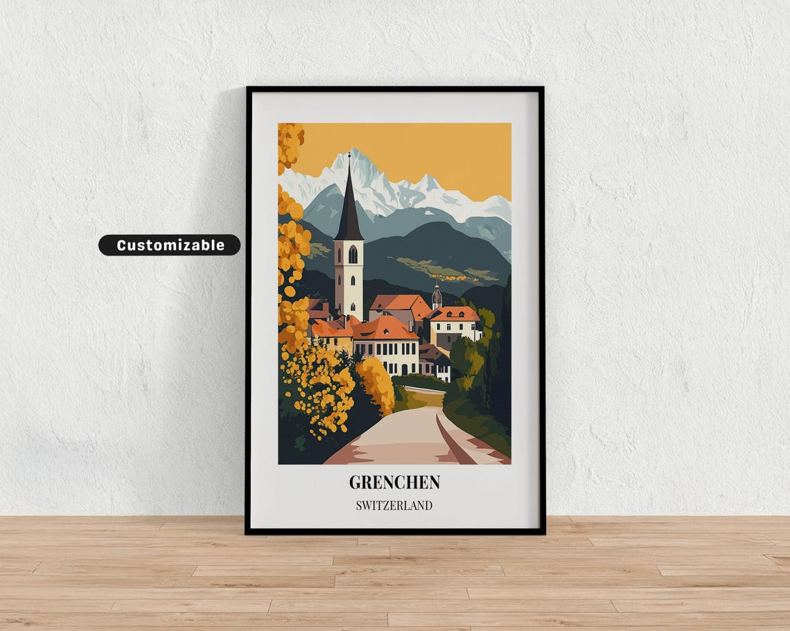 Grenchen Switzerland Village Church Alpine Sunset Travel Poster