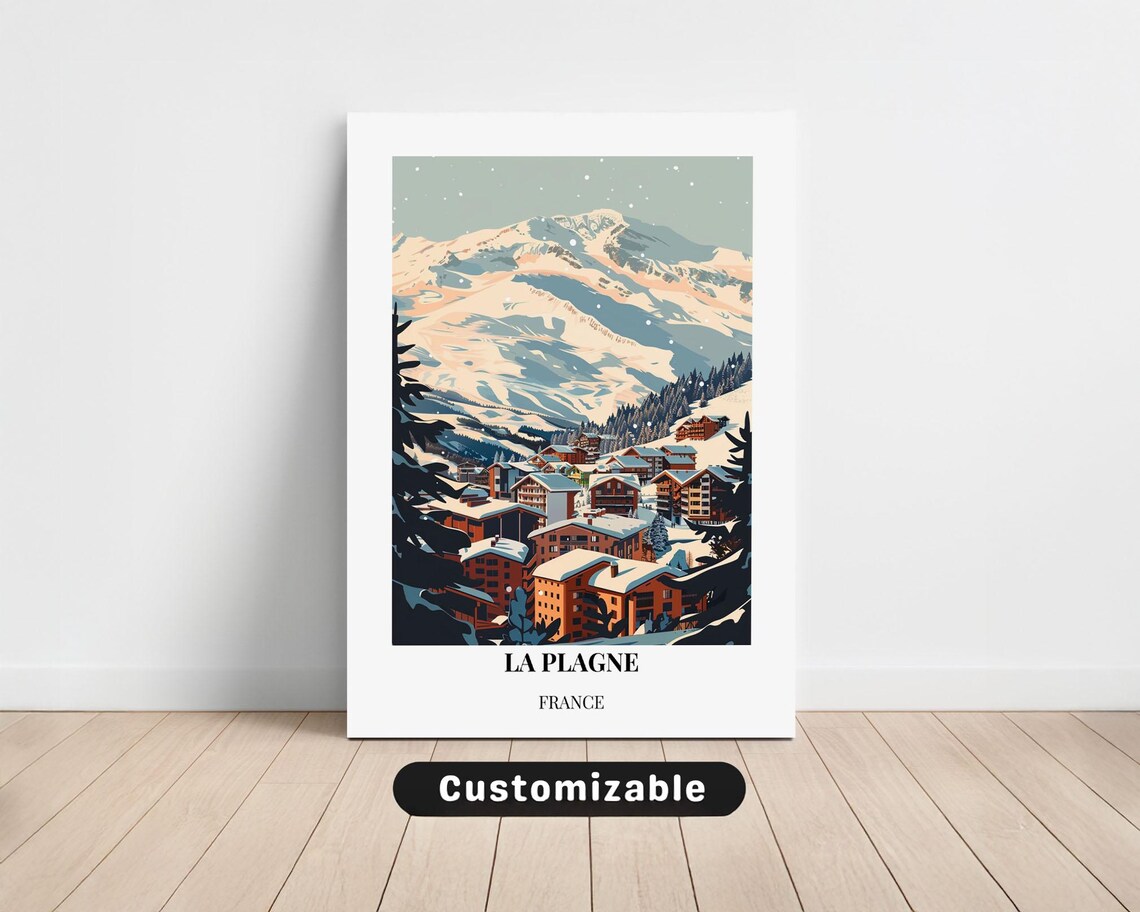 La Plagne France Cozy Ski Village Snowy Mountain Travel Poster