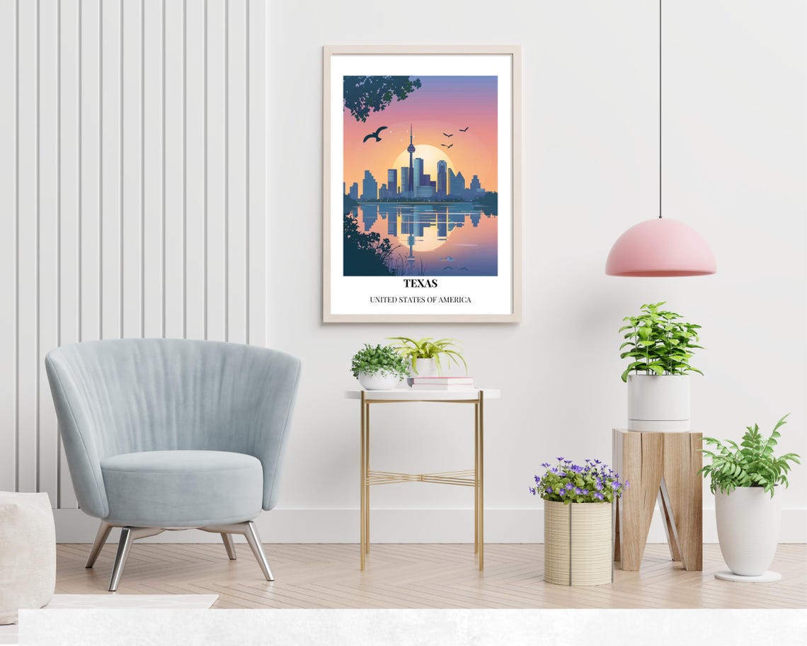 Texas Sunset Skyline Tower River Reflection Bottom Title Travel Poster - Image 2