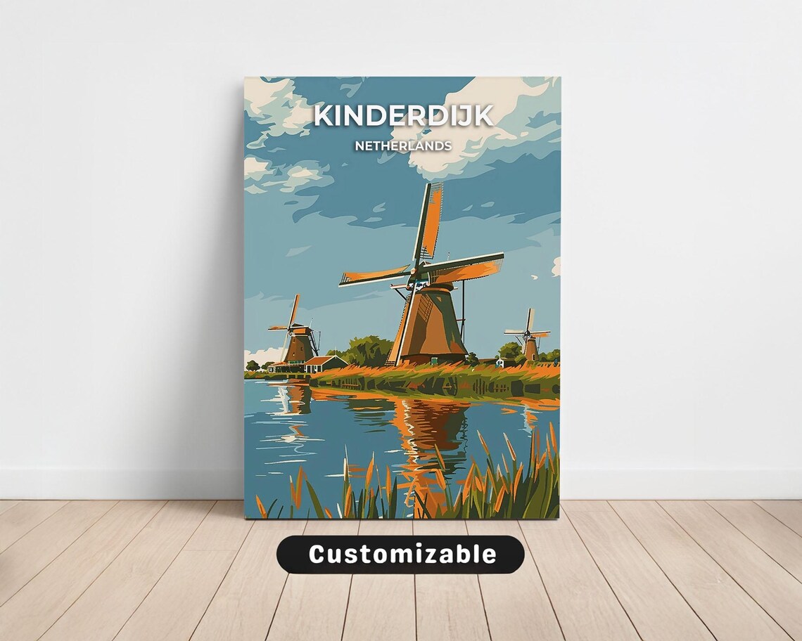 Kinderdijk Netherlands Dutch Windmills Canal Vintage Travel Poster