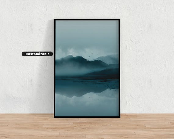 Minimal Mountainscape With Fog Water And Sky Blend Neutral Wall Art Print Minimalist Modern Decor