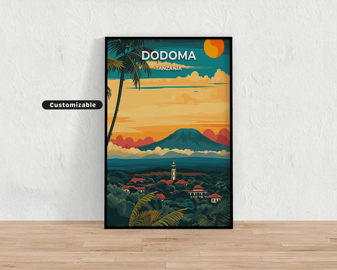 Dodoma Tanzania Golden Sunset Palm Trees Retro Travel Poster