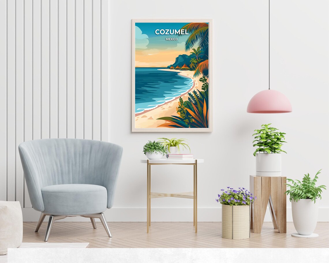Cozumel Mexico Curved Sunset Beach Palms Shoreline Travel Poster - Image 2