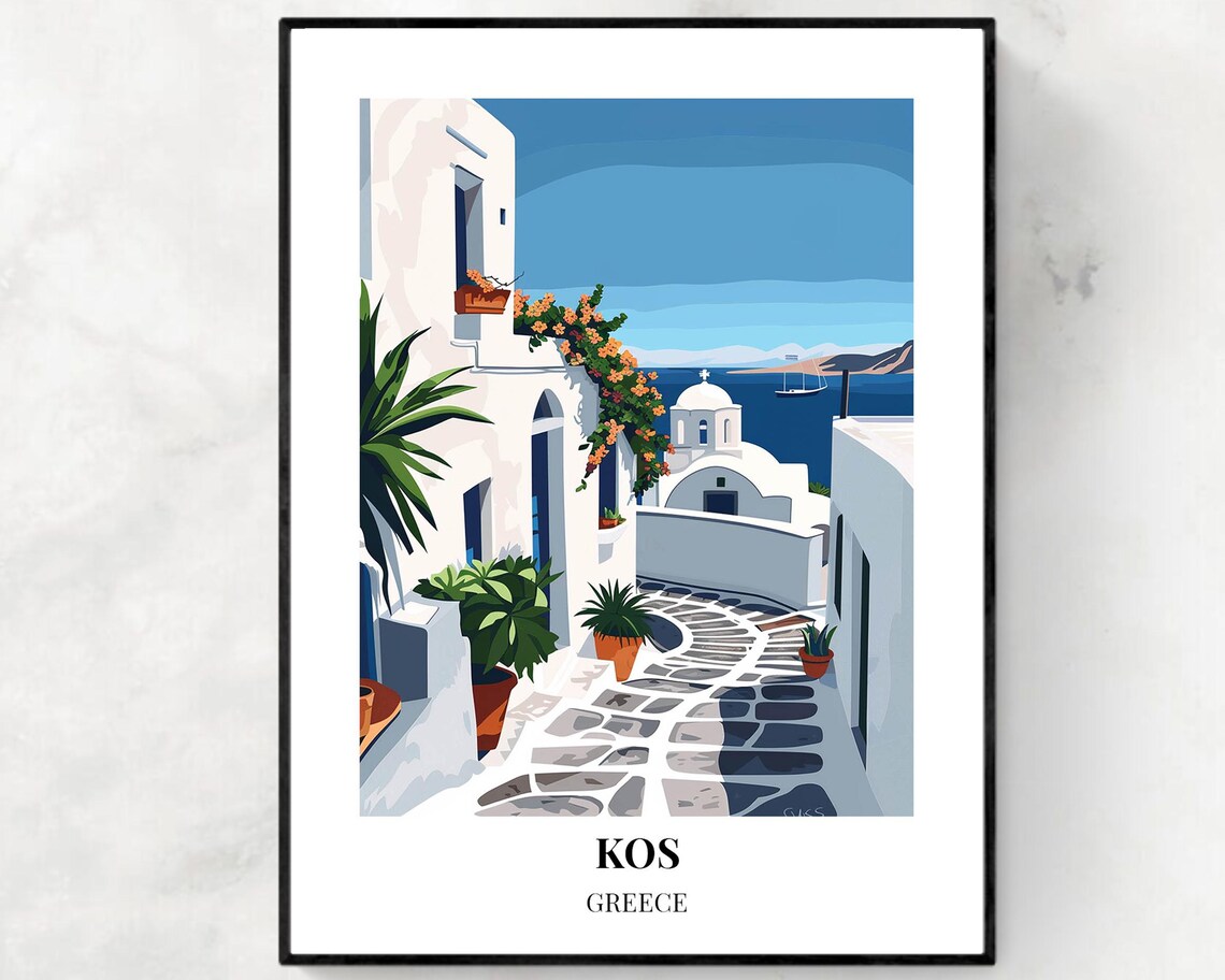 Kos White Alley with Bougainvillea and Sea View Greece Poster