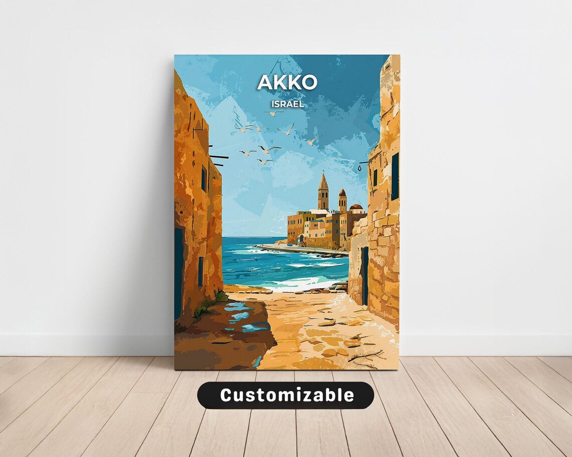 Akko Israel Vintage Travel Poster Old Town Street Sea Gateway View