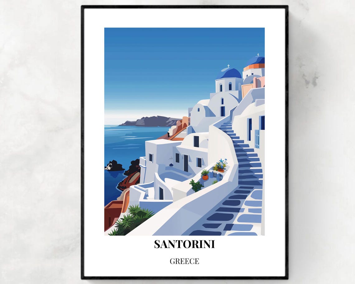 Santorini Greece Blue Domes Over the Caldera Vintage Travel Poster