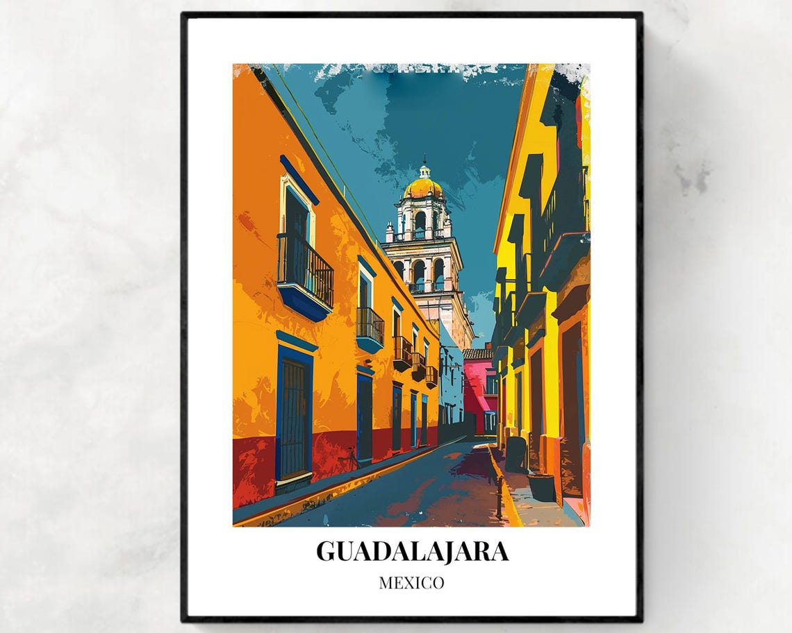 Guadalajara Mexico Colorful Colonial Street with Church Tower Poster