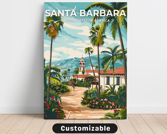 Sunny Santa Barbara Palm Mission California Coast Travel Poster