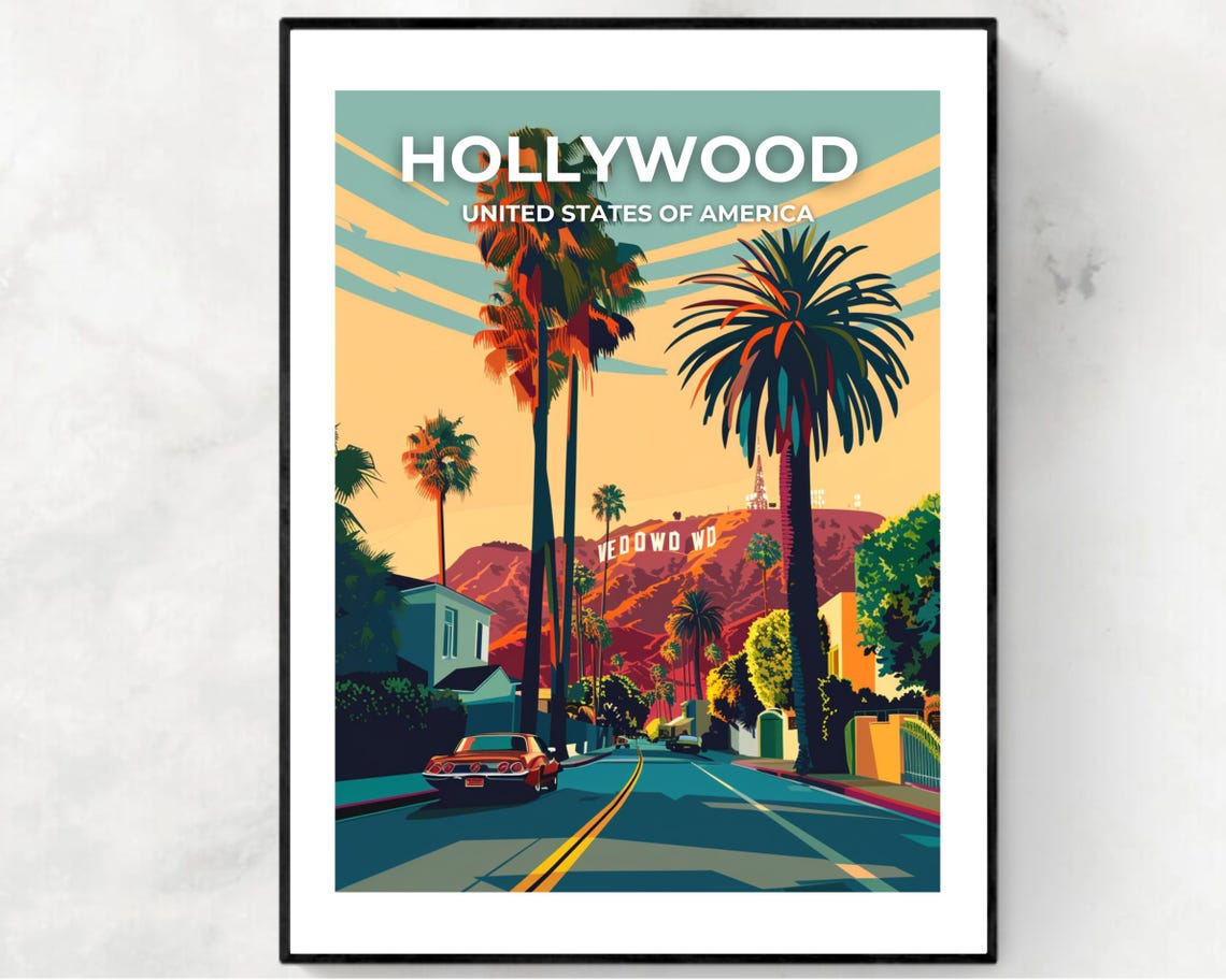 Hollywood Travel Print Wall Art Hollywood California City Print Hollywood Travel Gift Hollywood City Poster Wall Art