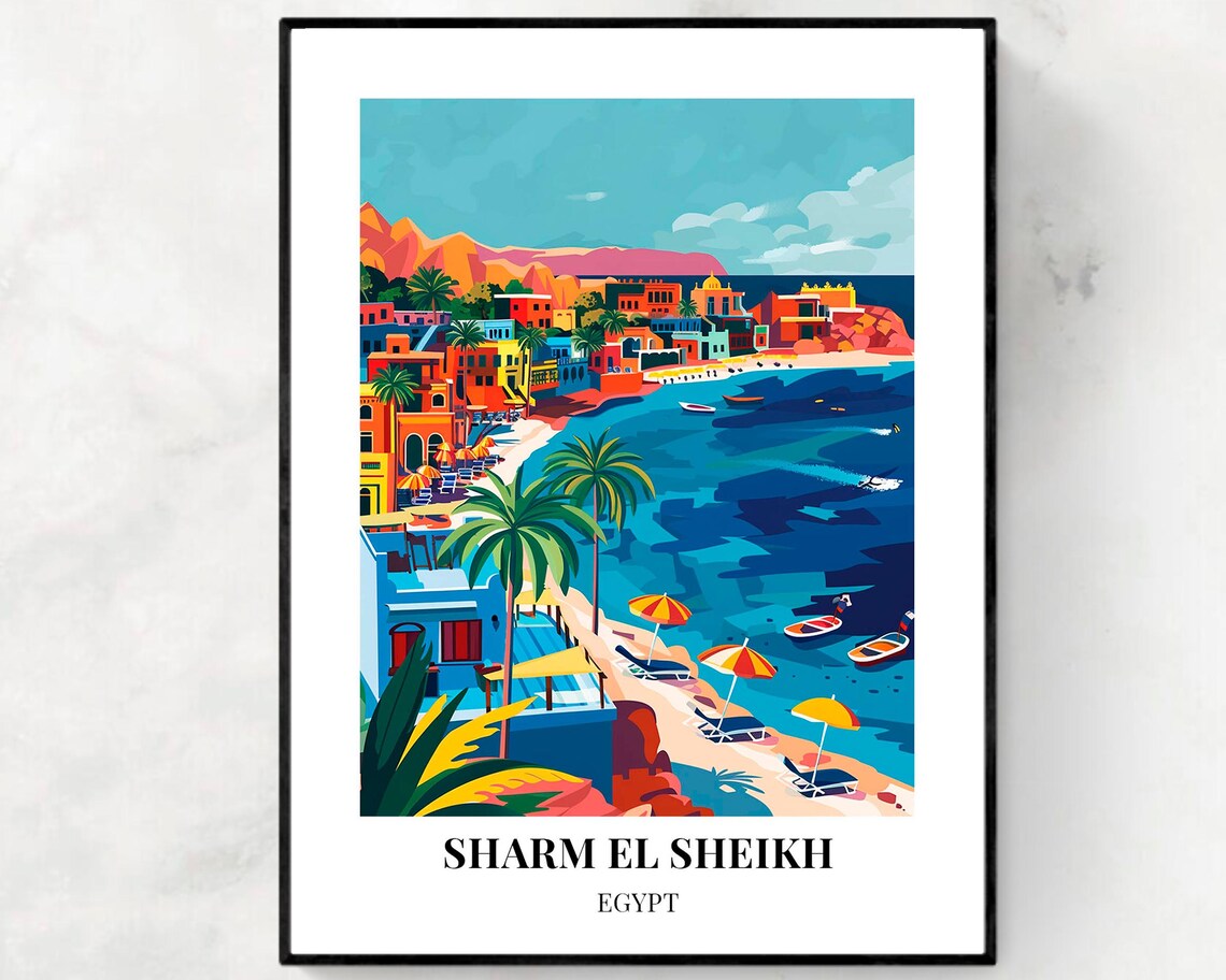 Sharm El Sheikh Egypt Bay Umbrellas Travel Poster for Travel Lovers