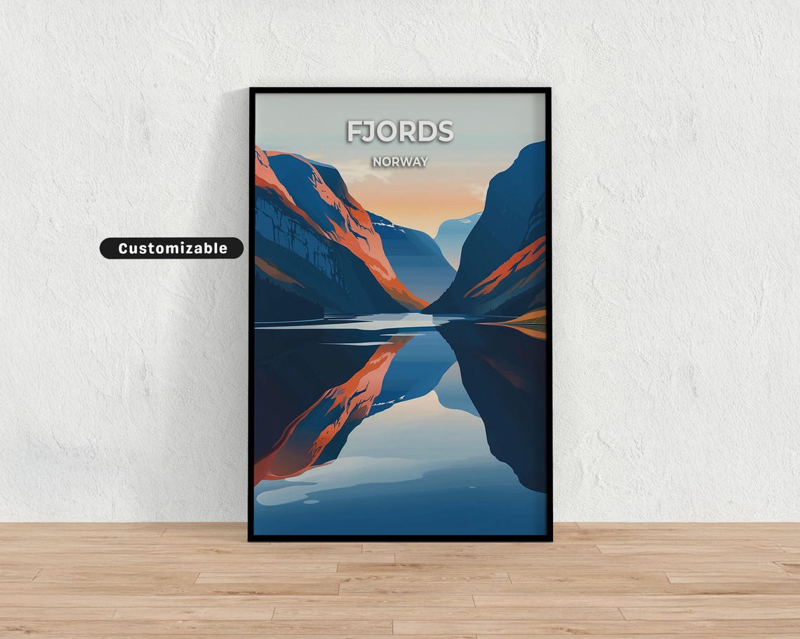 Norway Fjords Sunset Mountain Lake Reflection Retro Travel Poster