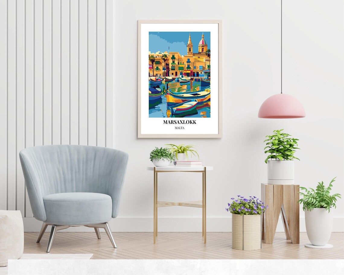 Marsaxlokk Malta Harbor Waterfront Boats Houses Reflection Travel Poster - Image 2