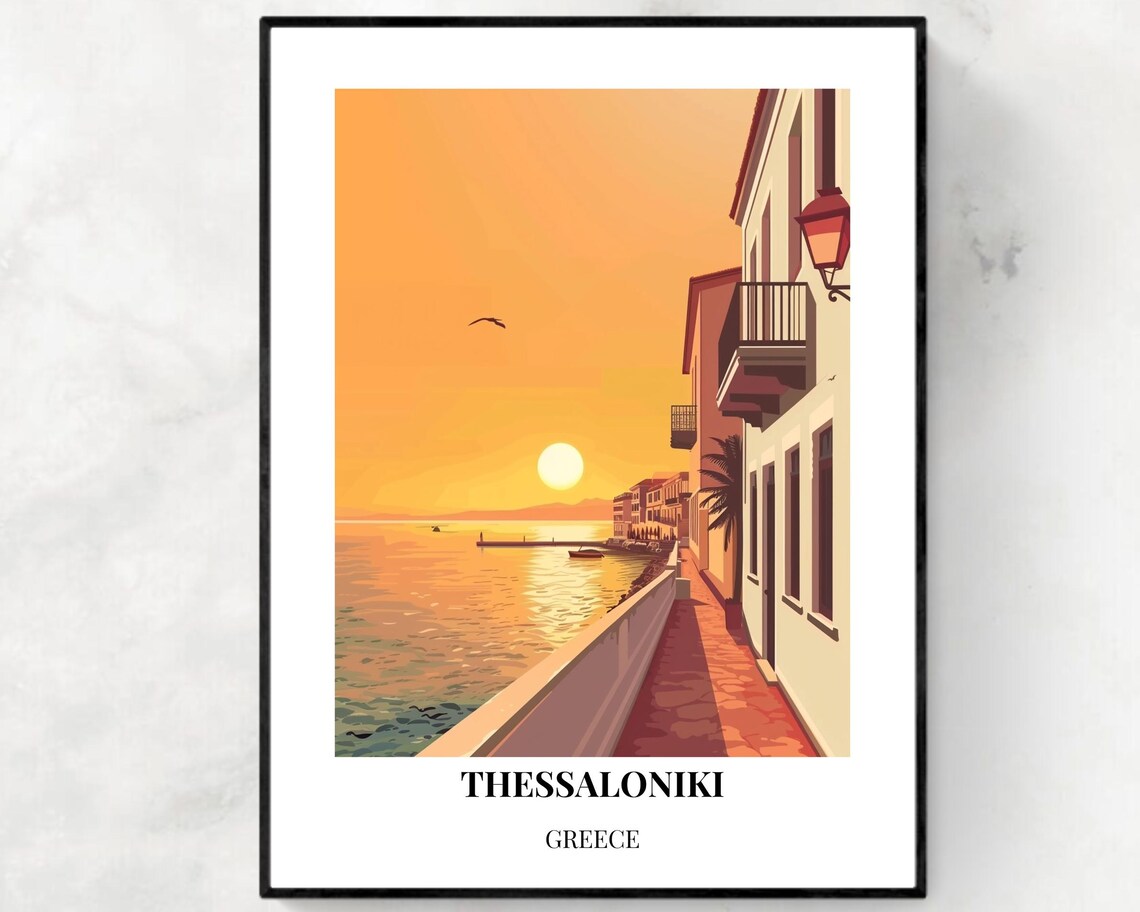 Thessaloniki Greece Sunset Waterfront Promenade Travel Poster