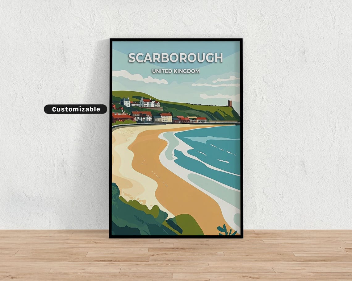 Scarborough United Kingdom Sandy Beach Waves Seaside Town Poster