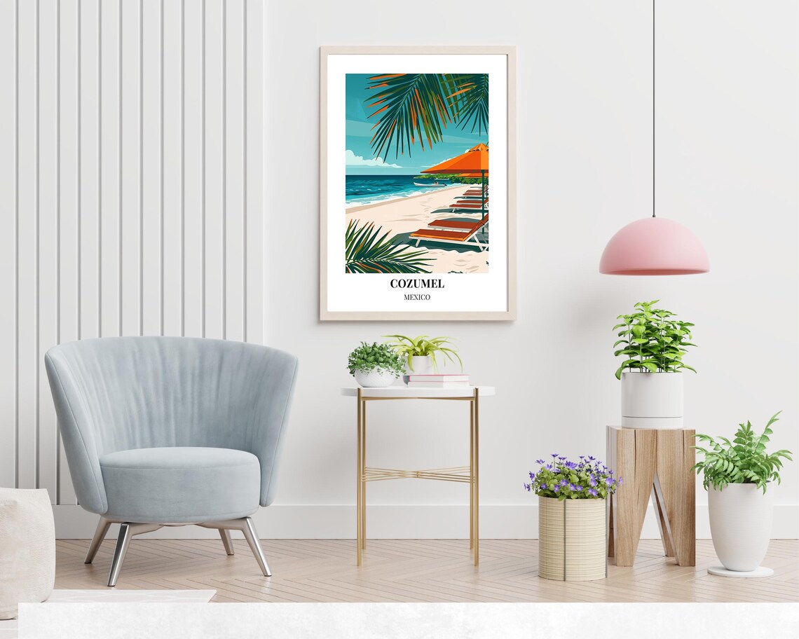 Cozumel Mexico Beach Loungers Under Palm Fronds Travel Poster - Image 2
