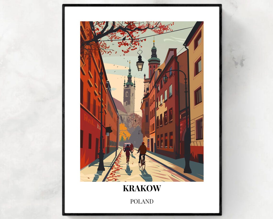 Krakow Poland Autumn Old Town Cyclists Vintage Travel Scene Poster