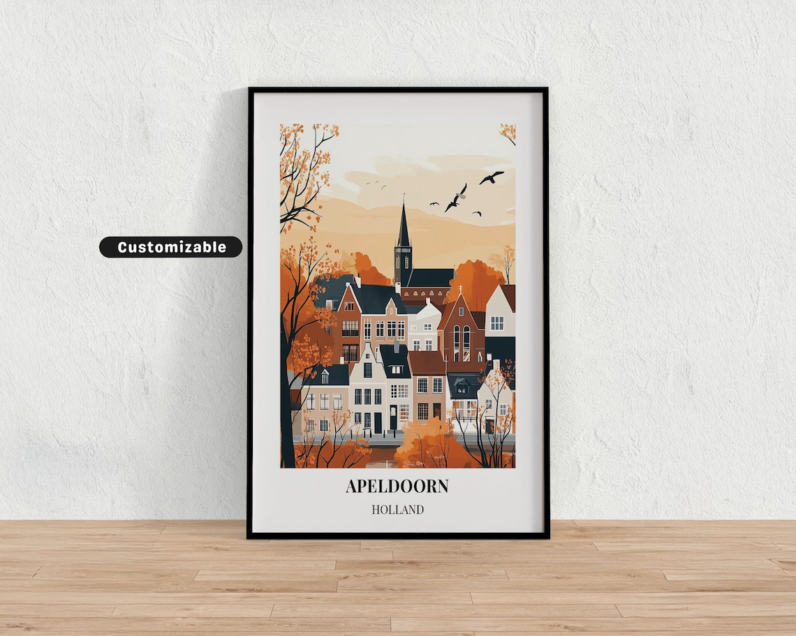 Apeldoorn Holland Autumn Town Travel Poster with Church and Trees