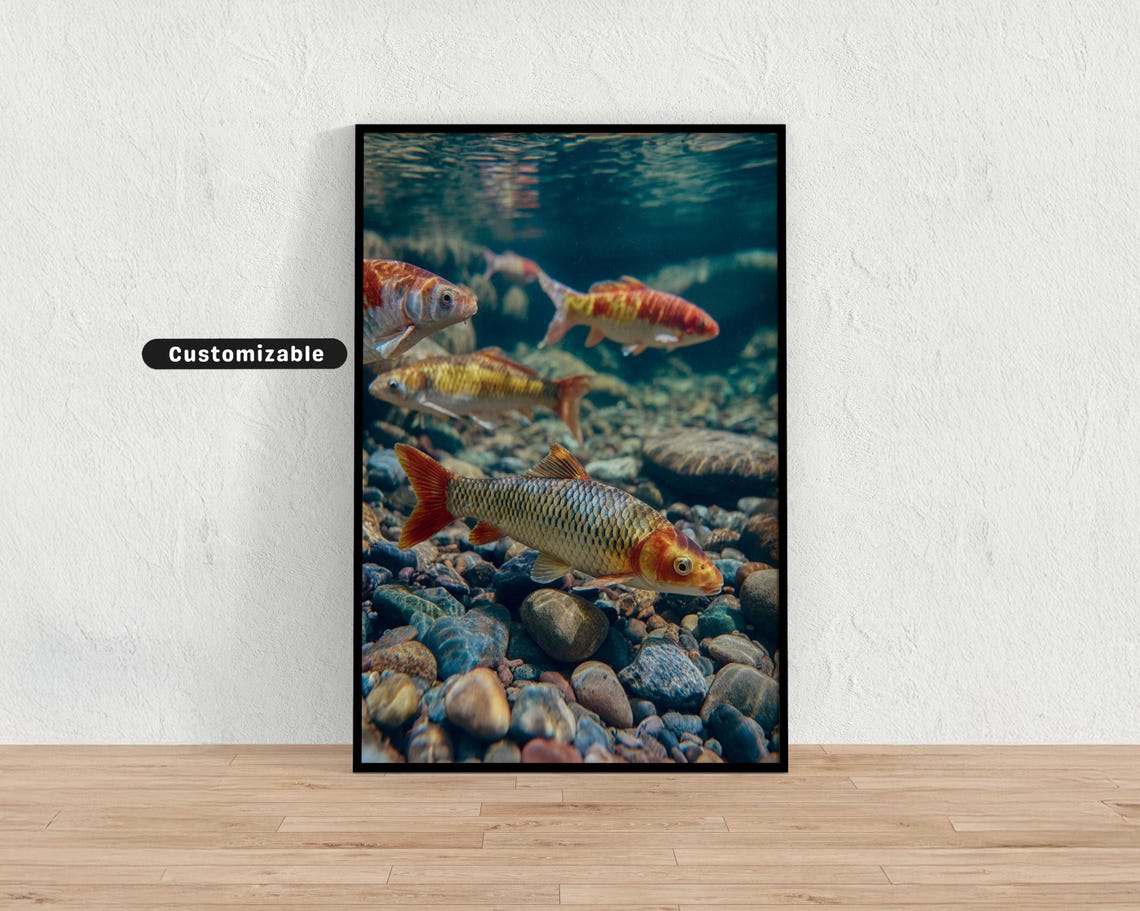 Colorful Carp Swimming In Clear Stream With Pebble Bottom Japanese Wall Art Print Zen Asian Decor