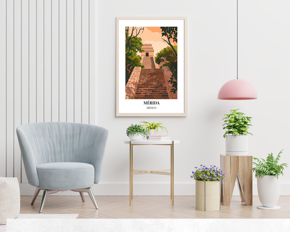 Merida Mexico Steep Mayan Stone Staircase at Sunset Travel Poster - Image 2