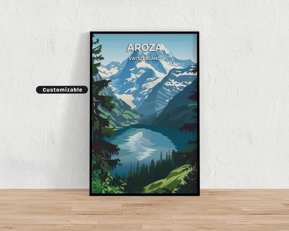 Aroza Switzerland Snowy Peaks Alpine Lake Vintage Travel Poster