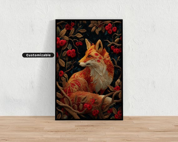 Fox Lying Among Thorny Branches And Berries With Embroidered Flower Markings On Fur Dark Nature Wall Art Gothic Animal Decor