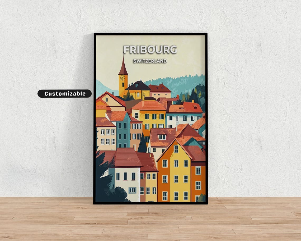 Fribourg Switzerland Colorful Old Town Rooftops Graphic Travel Poster