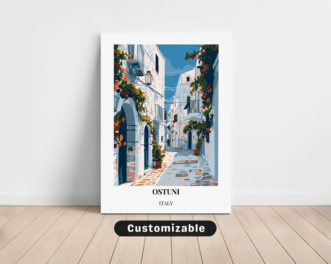 Ostuni Italy Travel Poster Whitewashed Old Town Street Retro Art