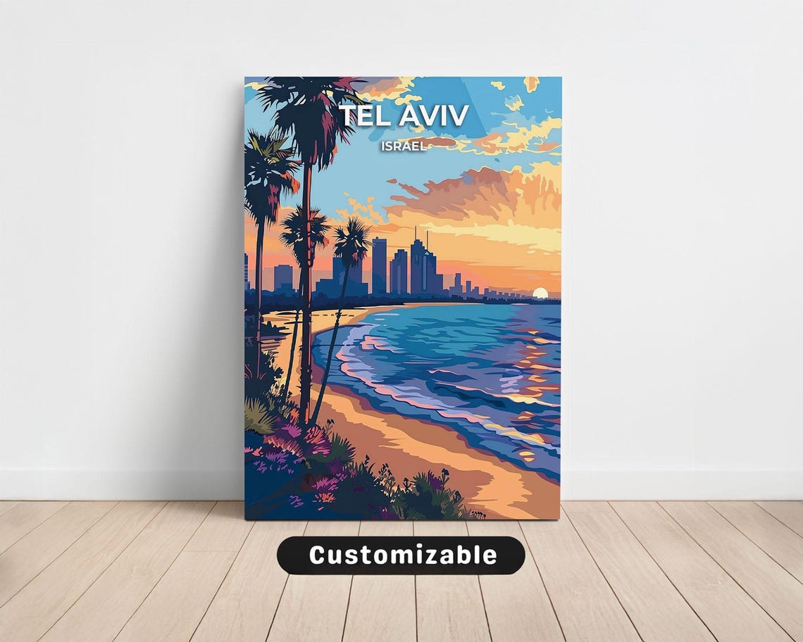 Tel Aviv Israel Coastal Skyline Framed By Palm Trees Sunset Poster
