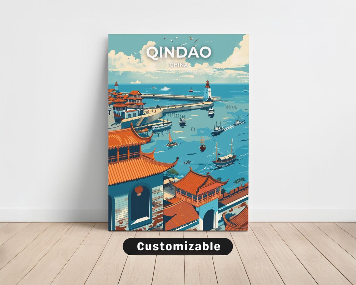Qindao China Travel Poster Harbor Lighthouse Boats Pagoda Roofs Art