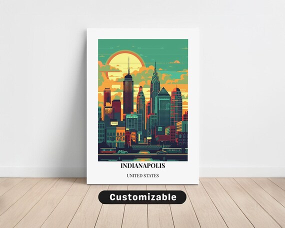 Indianapolis United States Travel Poster Downtown Skyline Sunrise Art