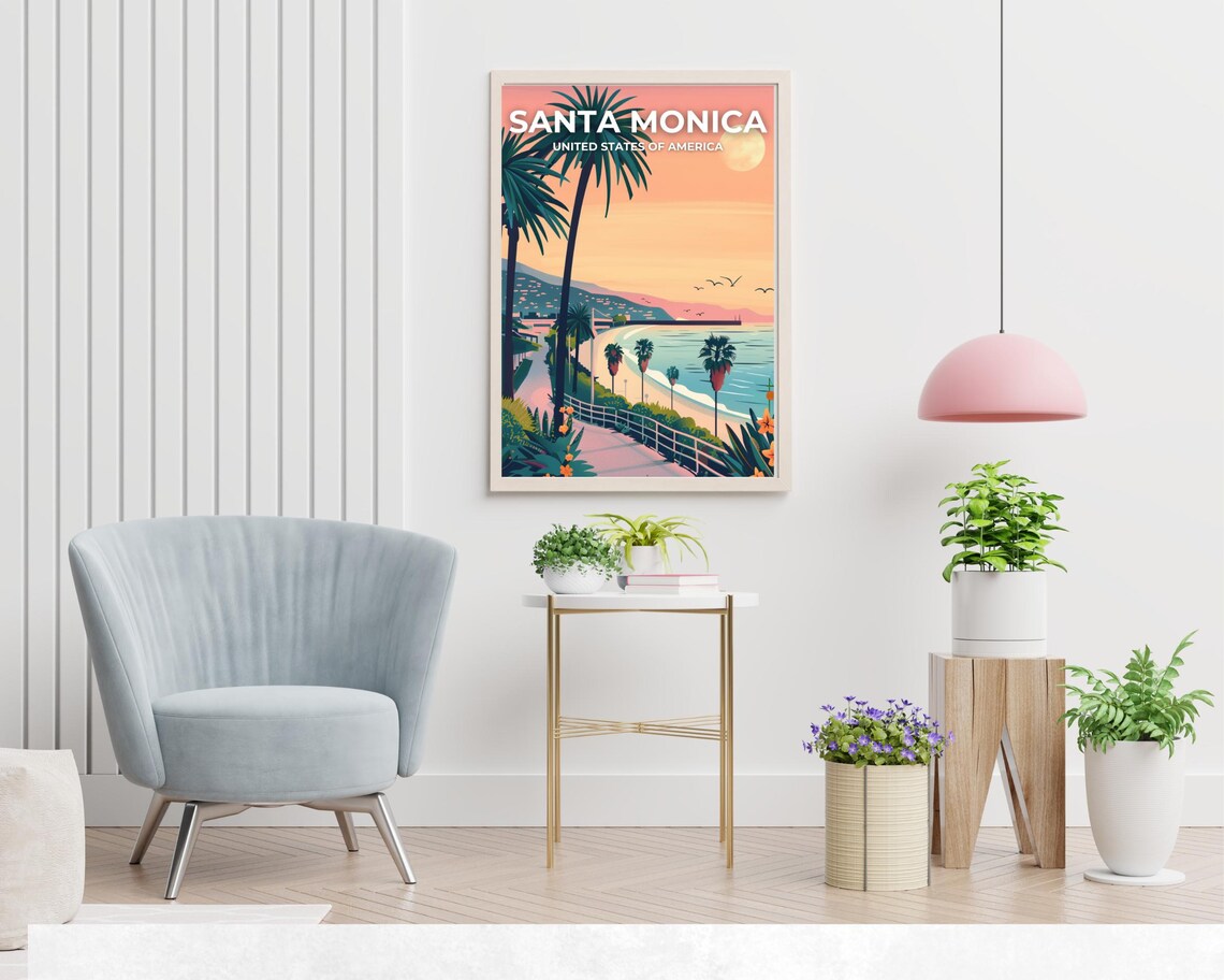Santa Monica Beach Sunset Travel Poster With Skyline Sky Title - Image 2