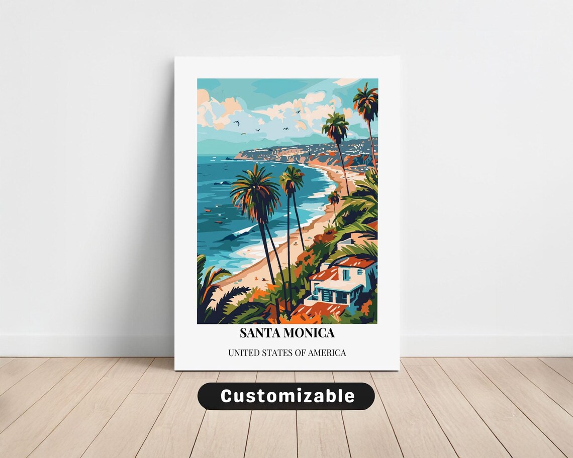 Santa Monica Sunny Beach Palms Oceanfront California Travel Poster