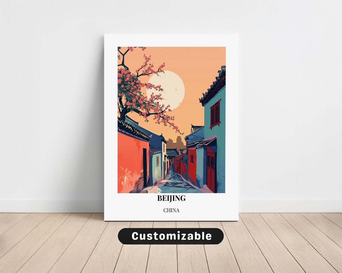 Beijing China Hutong Alley Blossom Moon Sunset Travel Poster