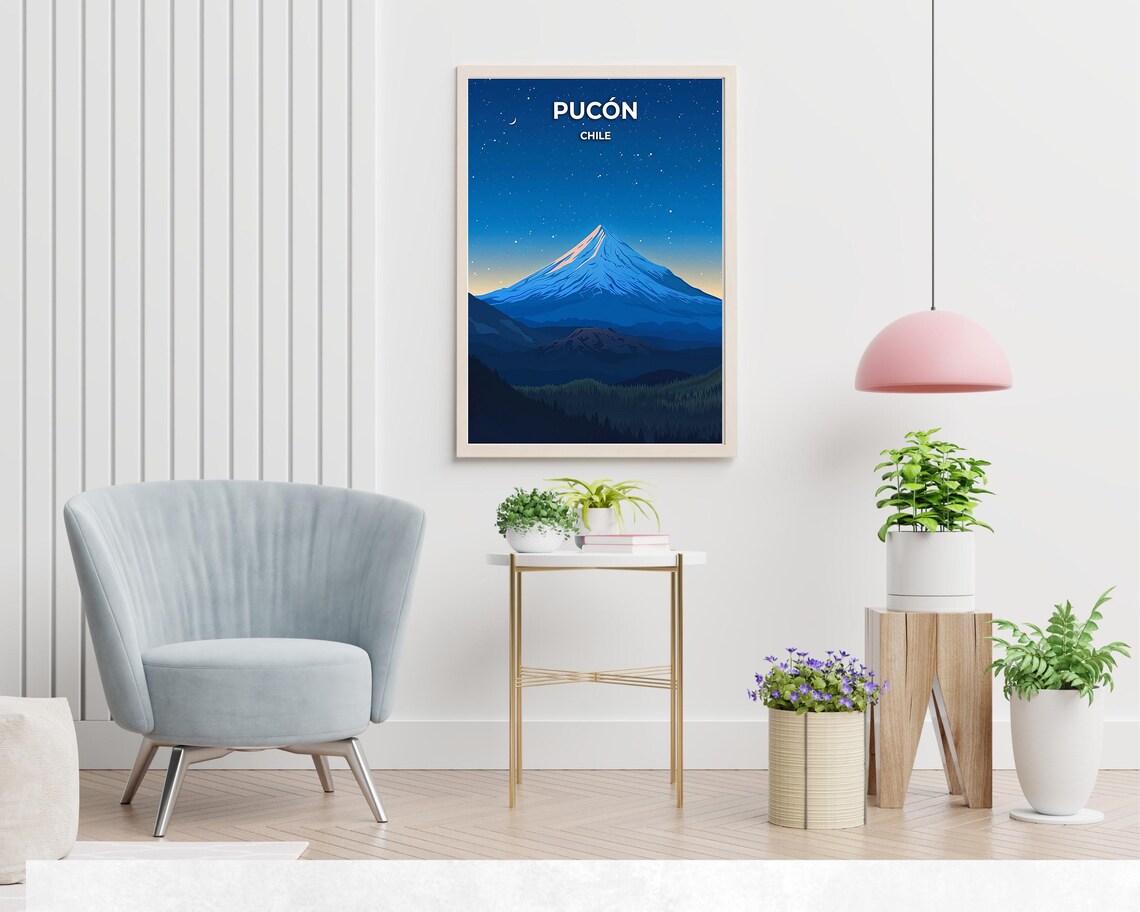 Pucón Chile Villarrica Volcano Starry Night Illustrated Travel Poster - Image 2