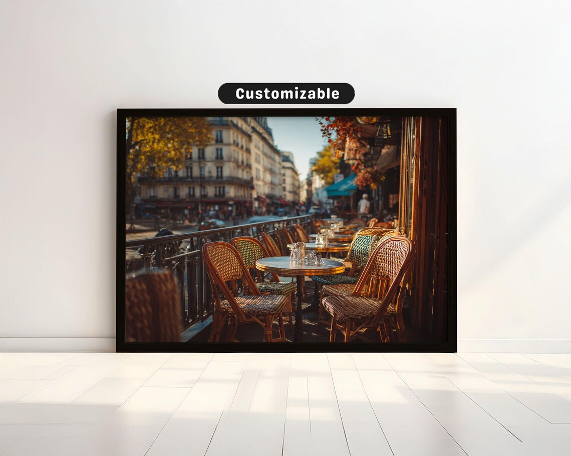 Paris Cafe Terrace Poster Vintage Wicker Chairs French Street View