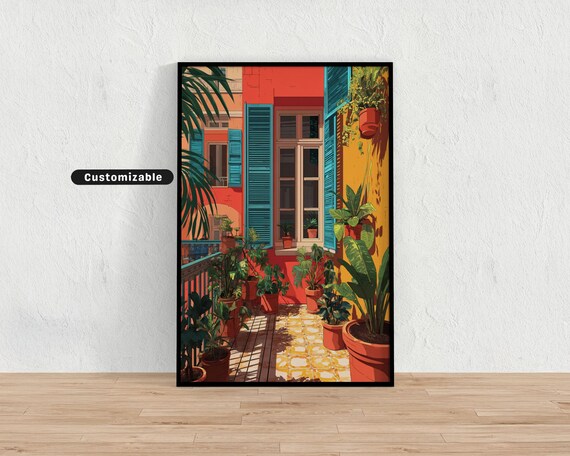 Sunlit Mediterranean Balcony Filled With Potted Plants And Striped Shutters Colorful Wall Art Tropical Illustration Print